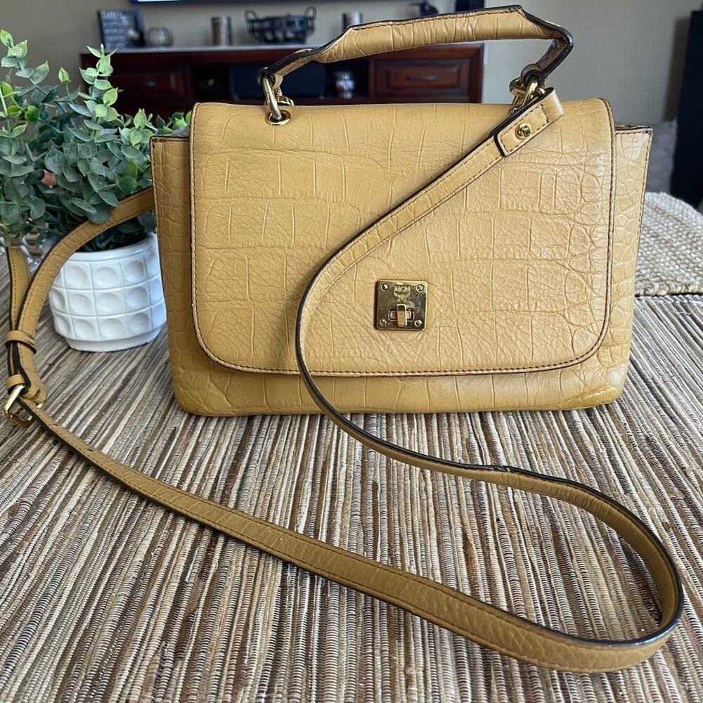 MCM designer yellow croc print leather satchel with shoulder strap Gorgeous!